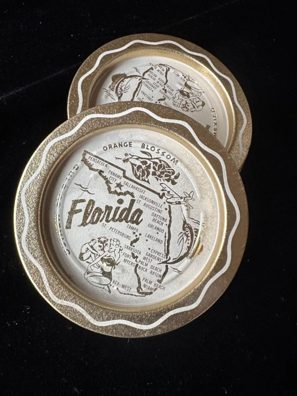 Vintage Florida Map Drink Coasters Set Metal Tin Souvenir Barware Gold White